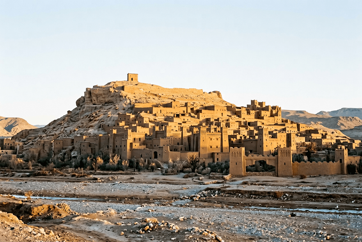 Ksar d’Aït-Ben-Haddou en pisé au bord de l’oued Mellah, classé au patrimoine mondial de l’UNESCO