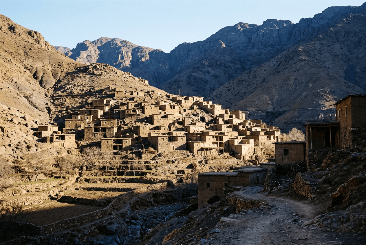 Village d’Imlil et ses terrasses de noyers au pied du Toubkal, à 65 km de Marrakech