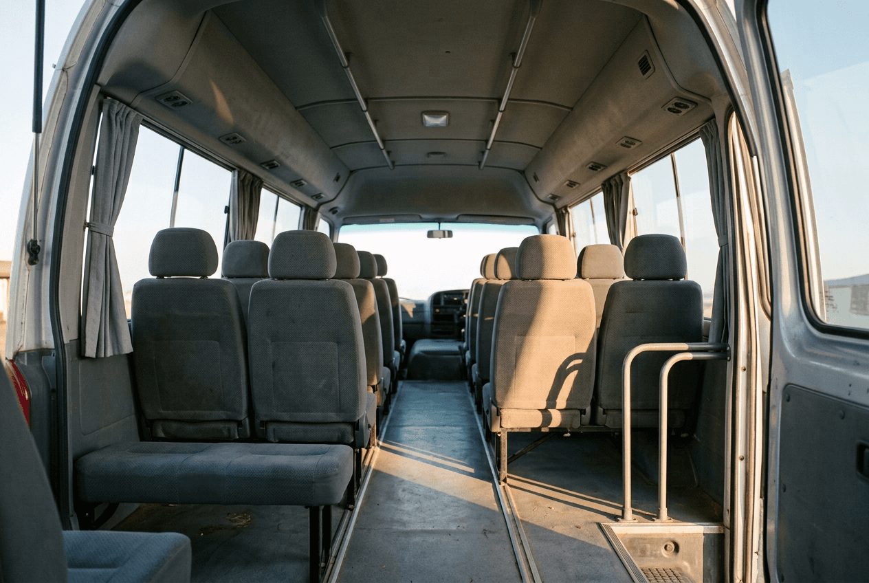 Intérieur du minibus 12 places : allée centrale à hauteur debout et quatre rangées de sièges