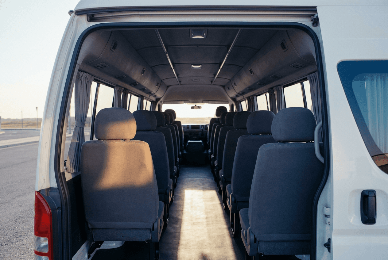 Intérieur du minibus 15 places : quatre rangées de sièges passagers, 80 cm d’espacement, allée d’accès latérale