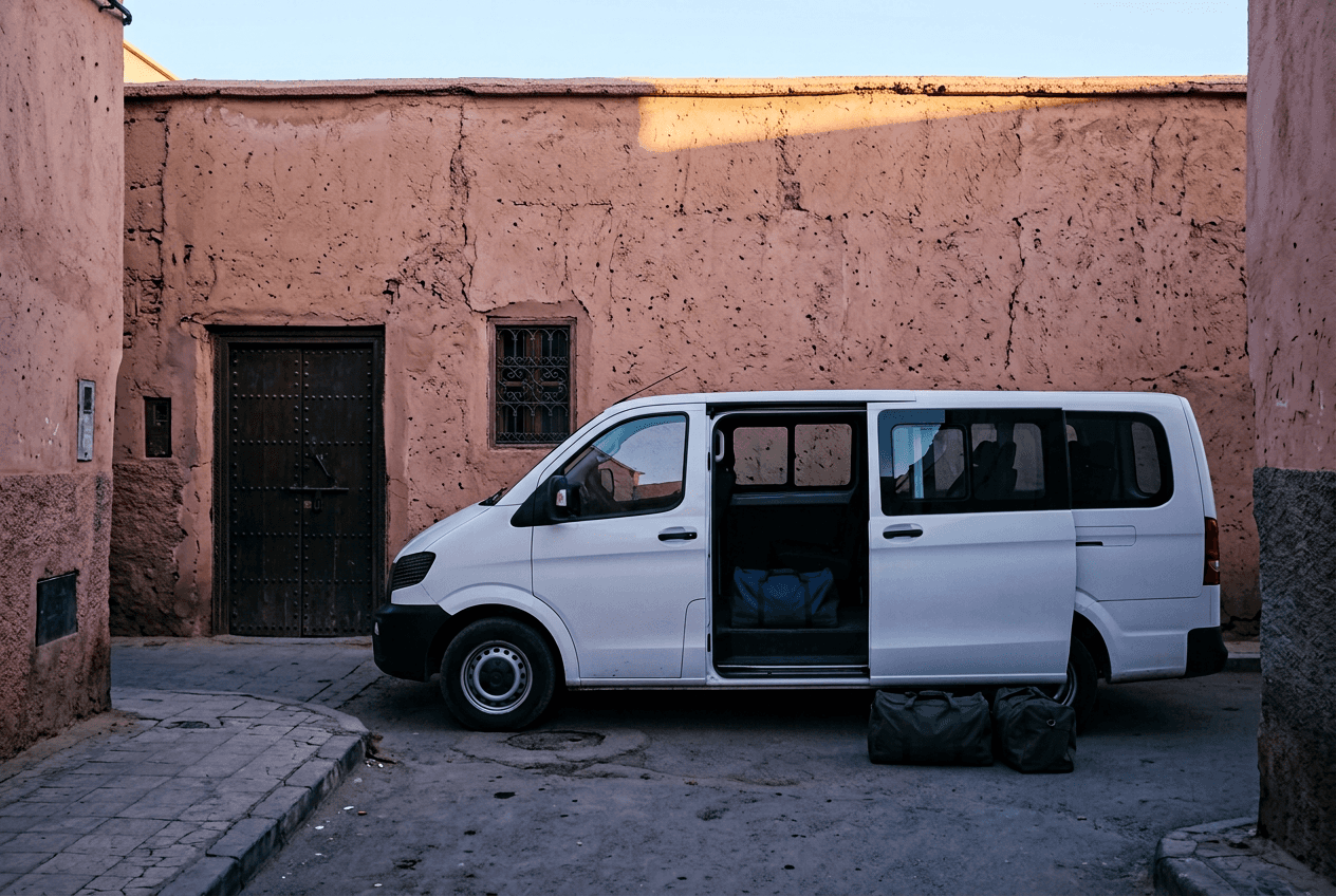 Minibus 9 places au départ de la médina de Marrakech pour l’excursion à la vallée de l’Ourika, vers Setti Fatma