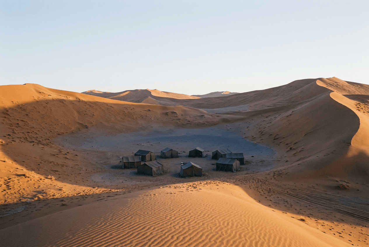 Bivouac de tentes dans les dunes de l’erg Chebbi, à l’aube, étape des circuits de Merzouga