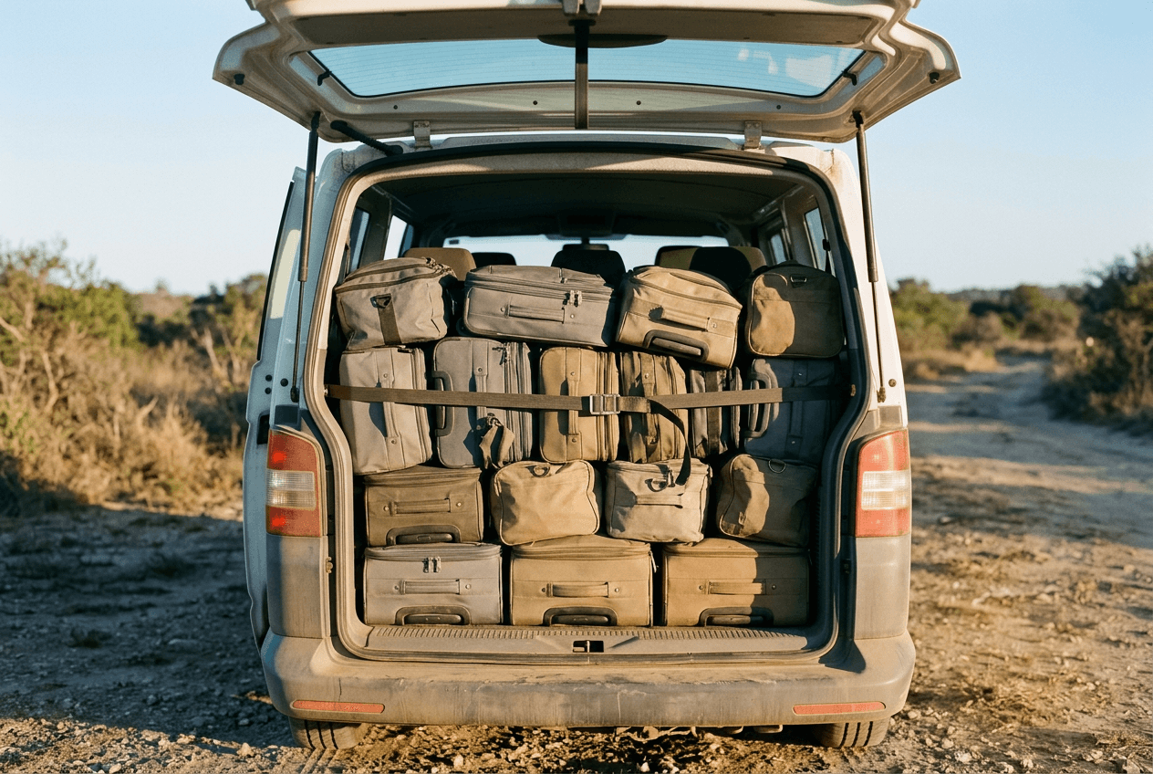 Soute arrière du van 7 places de Kech Travel Bus, bagages souples sanglés avant un départ de Marrakech