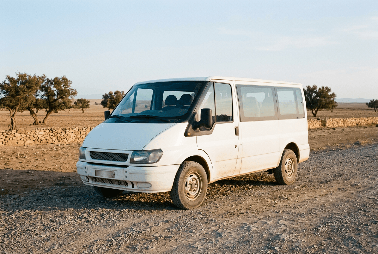 Hyundai Staria 9 places de Kech Travel Bus stationné devant les remparts de terre rouge de la médina de Marrakech