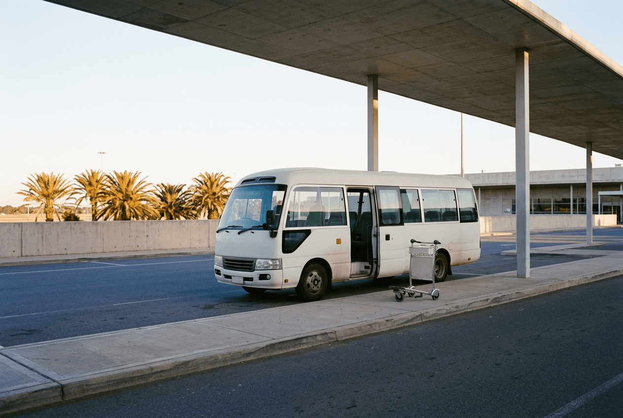 Minibus Kech Travel Bus en attente au bord du trottoir des arrivées de l’aéroport Marrakech Ménara